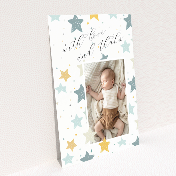 Baby thank you card design, Portrait, reverse side with one photo placeholder