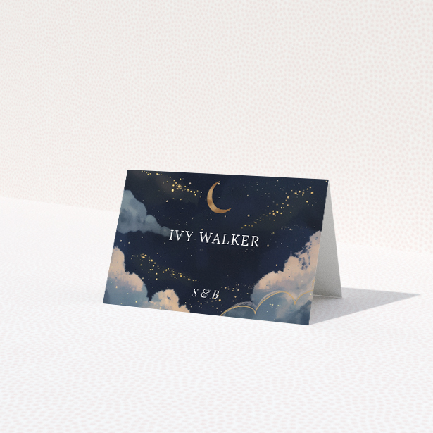 Starry, Starry Night place card - Embrace the romance of the night sky with classic serif typography and delicate golden accents, perfect for guiding guests to an unforgettable event under the enchanting night sky This is a third view of the front
