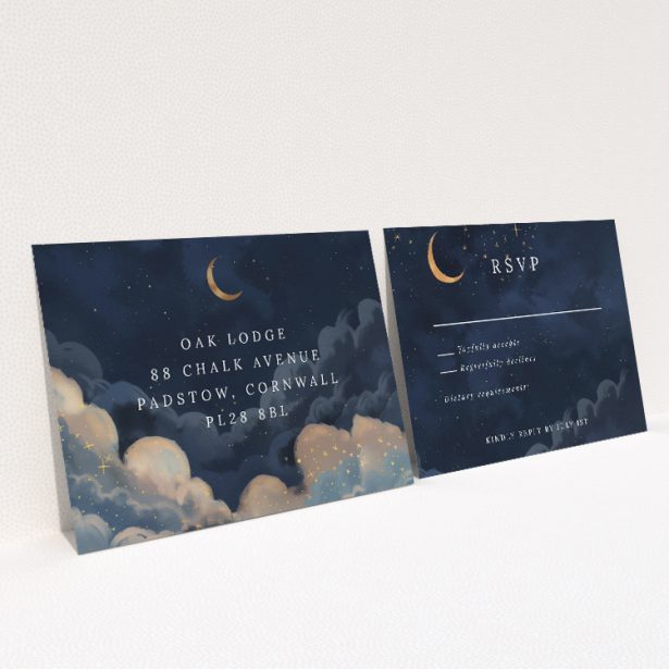 Starry, Starry Night RSVP card - Celestial theme with deep navy backdrop adorned with golden stars for wedding response card. This is a view of the back