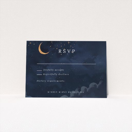 Starry, Starry Night RSVP card - Celestial theme with deep navy backdrop adorned with golden stars for wedding response card. This is a view of the front