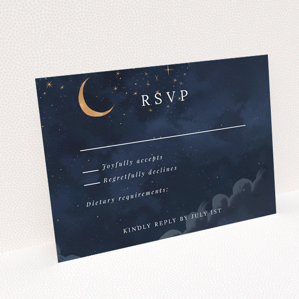 Starry, Starry Night RSVP card - Celestial theme with deep navy backdrop adorned with golden stars for wedding response card. This is a view of the back