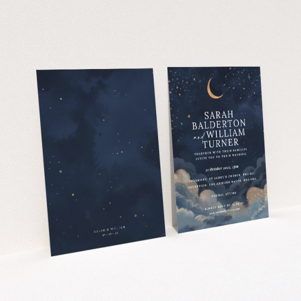 "Starry, Starry Night" A5 wedding invitation with deep navy backdrop, crescent moon, and golden stars. This image shows the front and back sides together
