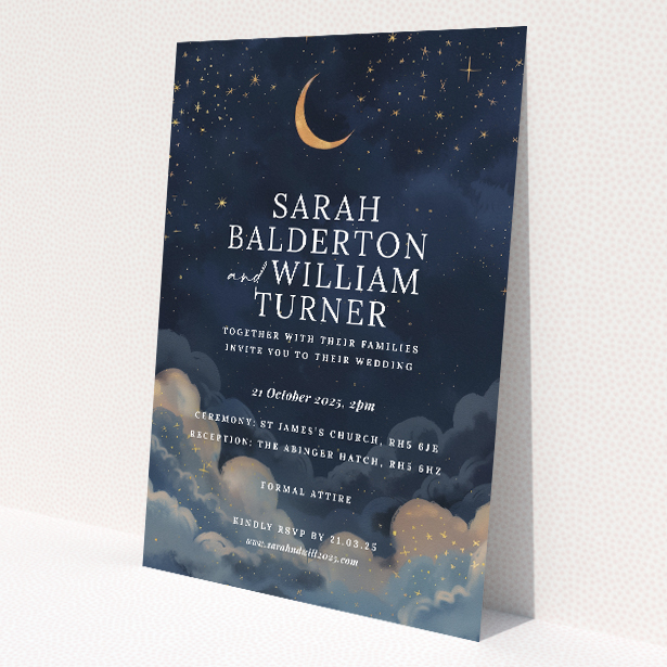 'Starry, Starry Night' A5 wedding invitation with deep navy backdrop, crescent moon, and golden stars. This is a view of the front