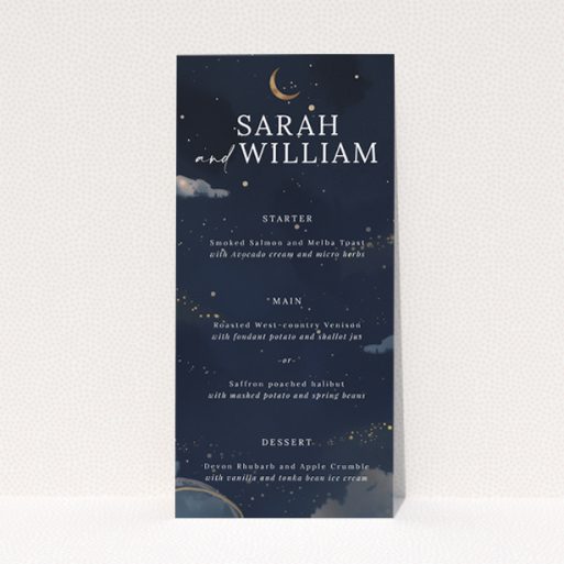 Starry, Starry Night wedding menu template with deep navy backgrounds and delicate gold stars, perfect for a night-time or celestial-themed celebration This is a view of the front