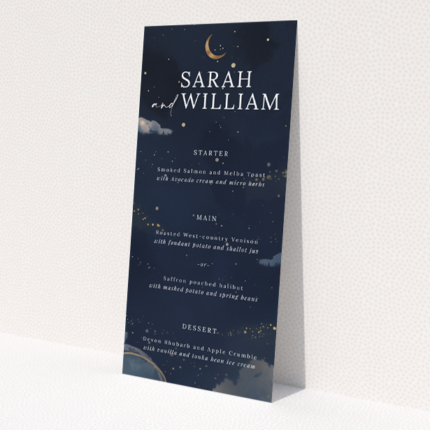 Starry, Starry Night wedding menu template with deep navy backgrounds and delicate gold stars, perfect for a night-time or celestial-themed celebration This is a view of the back