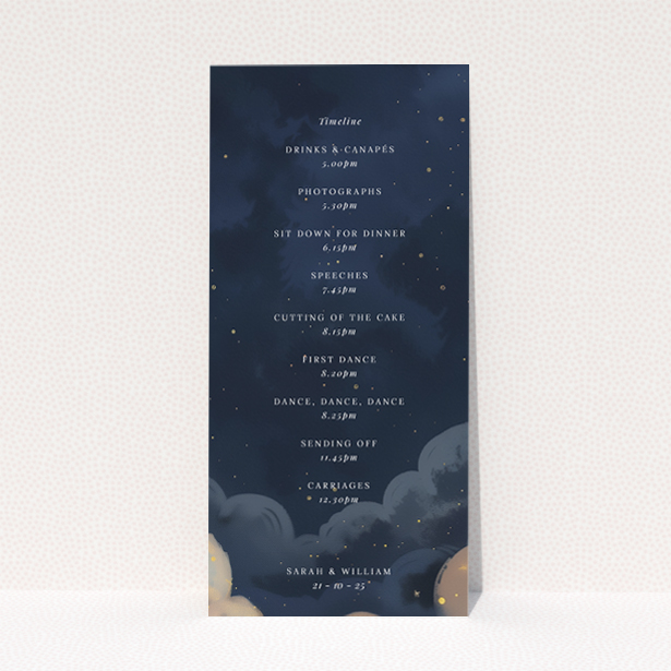 Starry, Starry Night wedding menu template with deep navy backgrounds and delicate gold stars, perfect for a night-time or celestial-themed celebration This is a view of the back