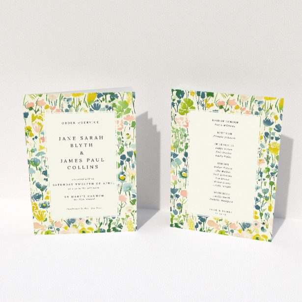 "Starry, Starry Night wedding order of service booklet featuring celestial romance with mesmerising night sky backdrop and crescent moon, perfect for evening ceremonies and cherished keepsakes.". This image shows the front and back sides together
