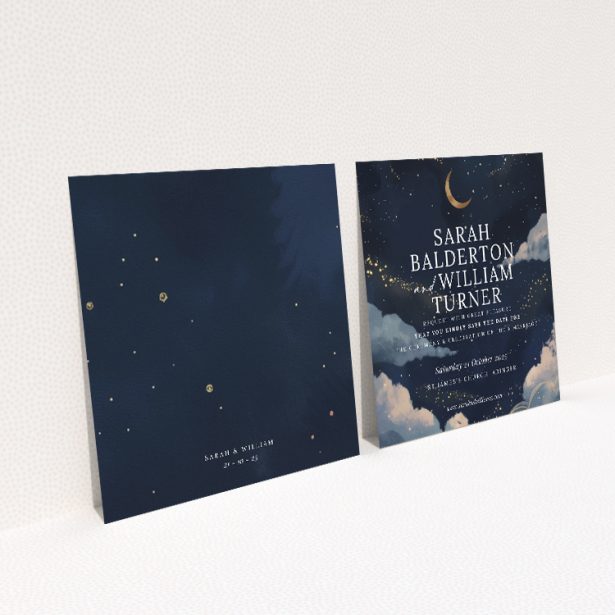 Starry Starry Night Wedding Save the Date Card Template - Celestial Celebration with Midnight Blue and Gold Stardust. This image shows the front and back sides together