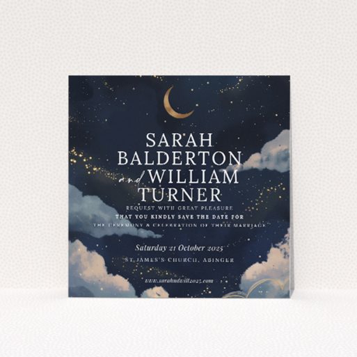 Starry Starry Night Wedding Save the Date Card Template - Celestial Celebration with Midnight Blue and Gold Stardust. This is a view of the front
