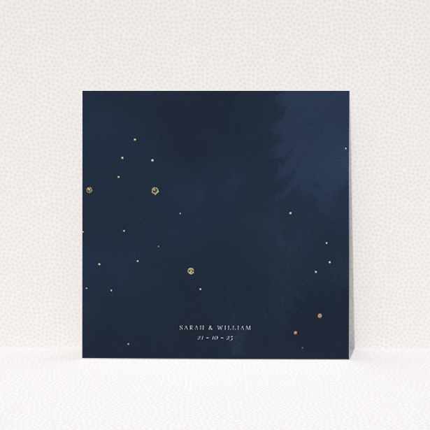 Starry Starry Night Wedding Save the Date Card Template - Celestial Celebration with Midnight Blue and Gold Stardust. This image shows the front and back sides together