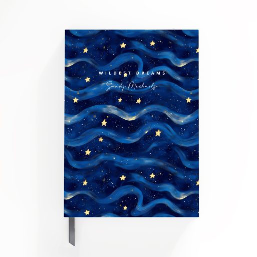 Starry night design for notebook cover with a blue wavy pattern and golden stars, featuring no photos.