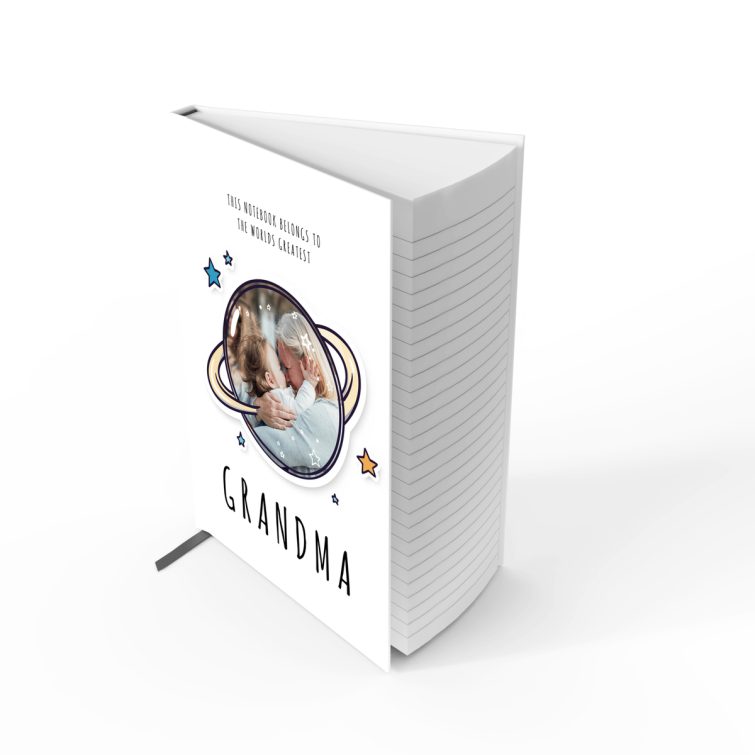 Grandma notebook design with one photo and space-themed illustrations for personalised gifts.