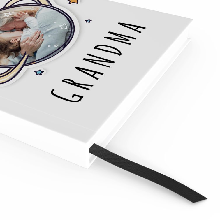 Grandma notebook design with one photo and space-themed illustrations for personalised gifts.