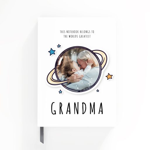 Grandma notebook design with one photo and space-themed illustrations for personalised gifts.