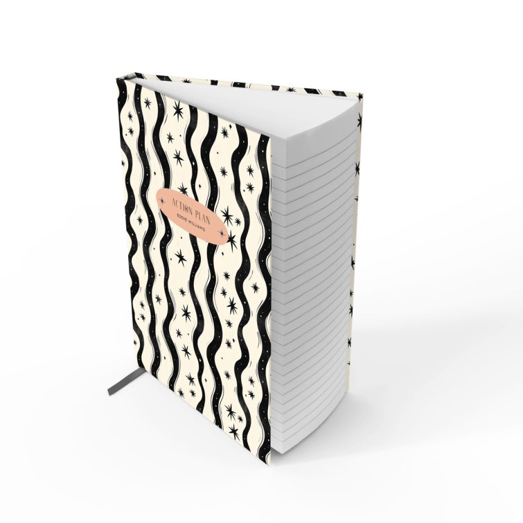 Abstract star and wave pattern design on portrait notebook cover with one photo placeholder.