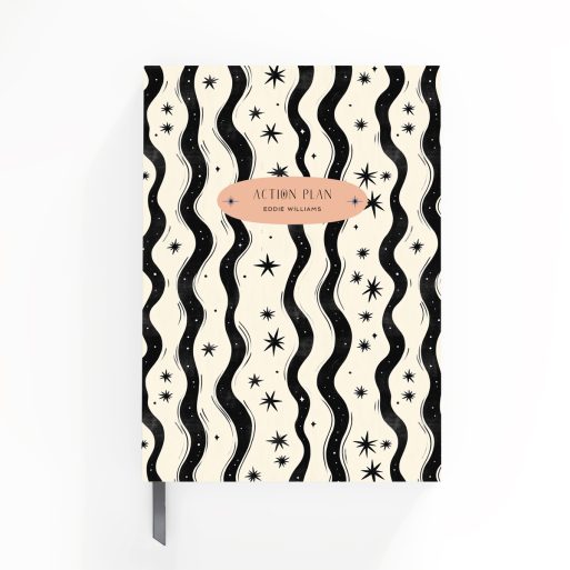 Abstract star and wave pattern design on portrait notebook cover with one photo placeholder.