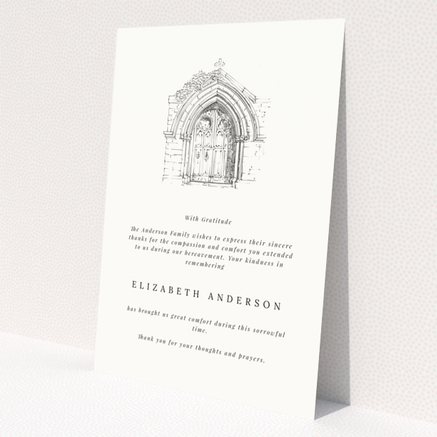 Funeral thank you card with sketch of a church door and one photo placeholder.