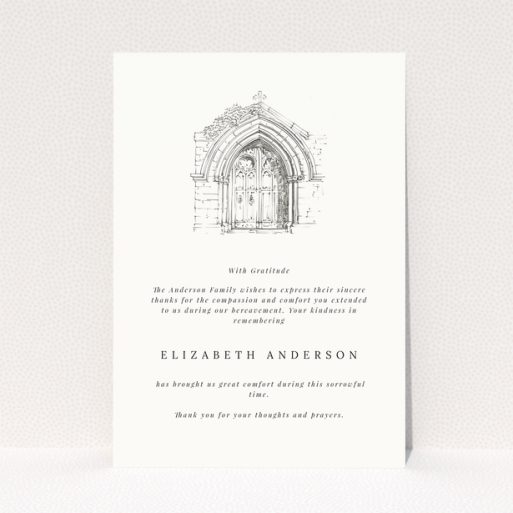 Funeral thank you card with sketch of a church door and one photo placeholder.