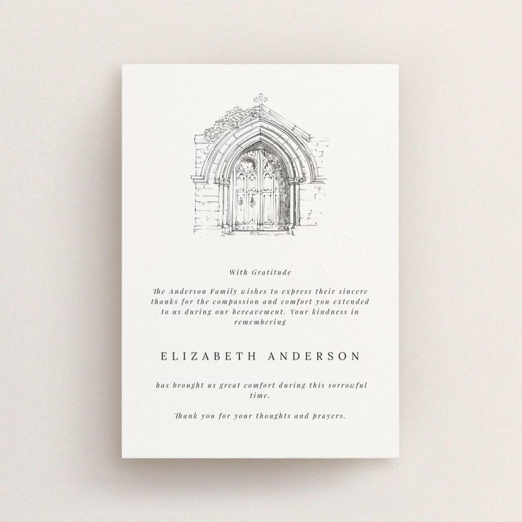 Funeral thank you card with sketch of a church door and one photo placeholder.