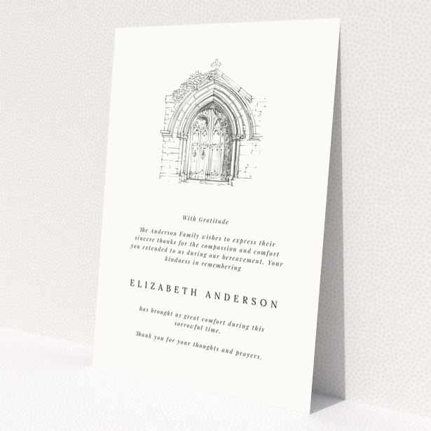 Funeral thank you card with sketch of a church door and one photo placeholder.