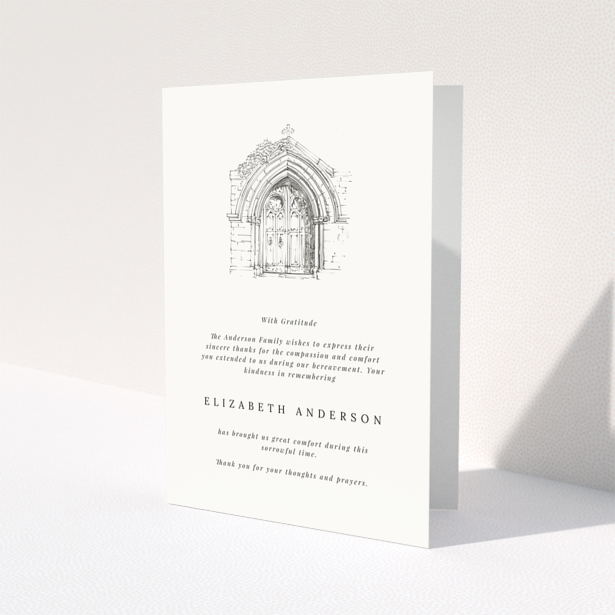 Funeral thank you card with sketch of a church door and one photo placeholder.