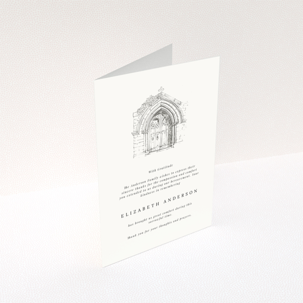 Funeral thank you card with sketch of a church door and one photo placeholder.