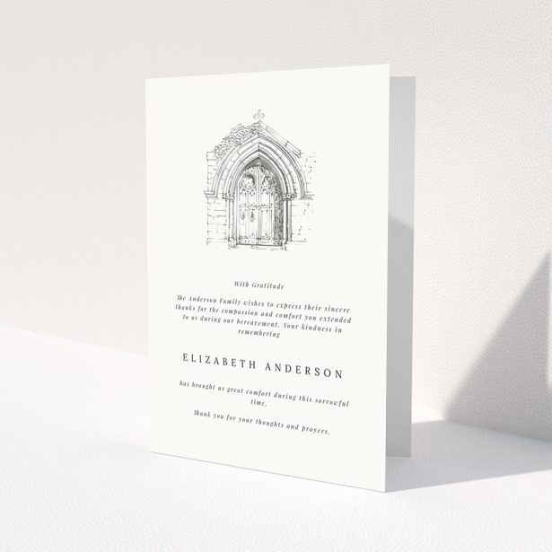 Funeral thank you card with sketch of a church door and one photo placeholder.
