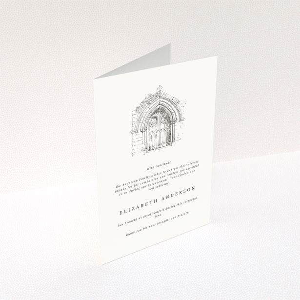Funeral thank you card with sketch of a church door and one photo placeholder.