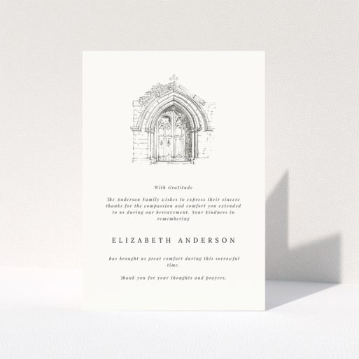 Funeral thank you card with sketch of a church door and one photo placeholder.