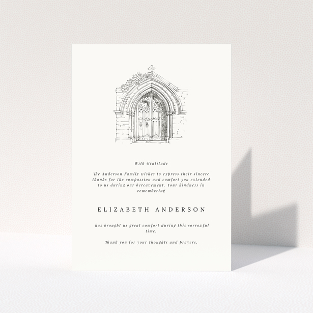 Funeral thank you card with sketch of a church door and one photo placeholder.