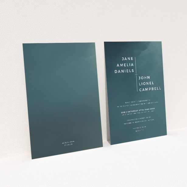 "Storm Monochrome wedding invitation featuring captivating gradient background transitioning from deep grey to misty hue, setting a tone of solemnity and sophistication for the upcoming ceremony.". This image shows the front and back sides together