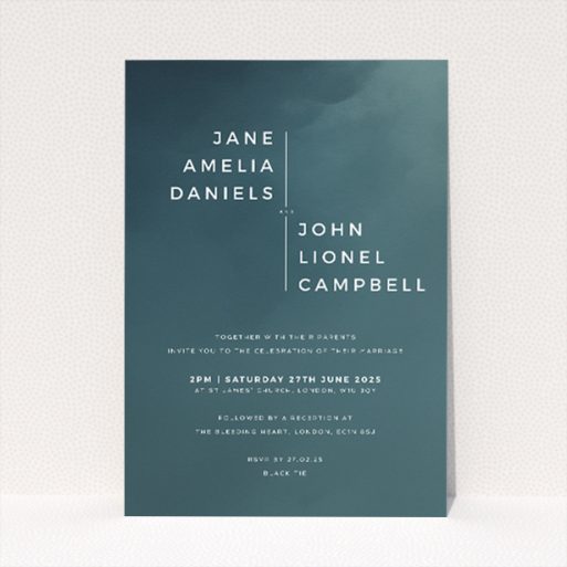 "Storm Monochrome wedding invitation featuring captivating gradient background transitioning from deep grey to misty hue, setting a tone of solemnity and sophistication for the upcoming ceremony.". This is a view of the front