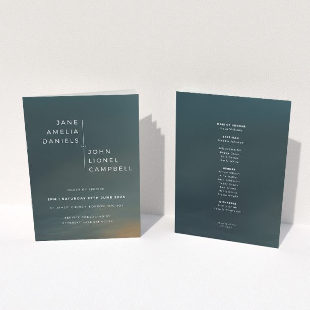 Utterly Printable Storm Monochrome Wedding Order of Service A5 Portrait Booklet - Gradient Background from Charcoal to Grey with Clean Sans-Serif Typography. This image shows the front and back sides together