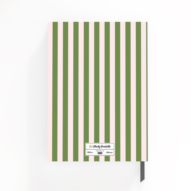 Striped notebook cover design with personalised text elements from Utterly Printable, featuring one photo placeholder on the back cover.