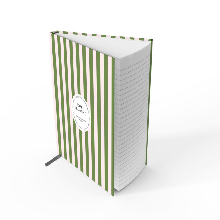 Striped notebook cover design with personalised text elements from Utterly Printable, featuring one photo placeholder on the back cover.