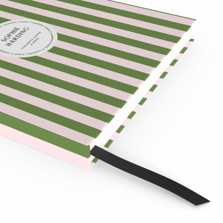 Striped notebook cover design with personalised text elements from Utterly Printable, featuring one photo placeholder on the back cover.