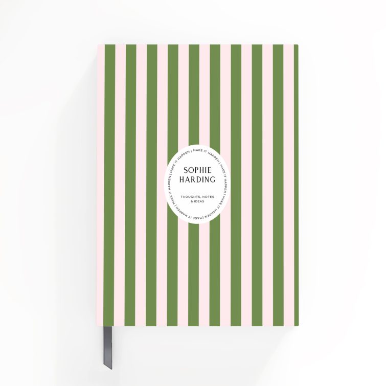 Striped notebook cover design with personalised text elements from Utterly Printable, featuring one photo placeholder on the back cover.