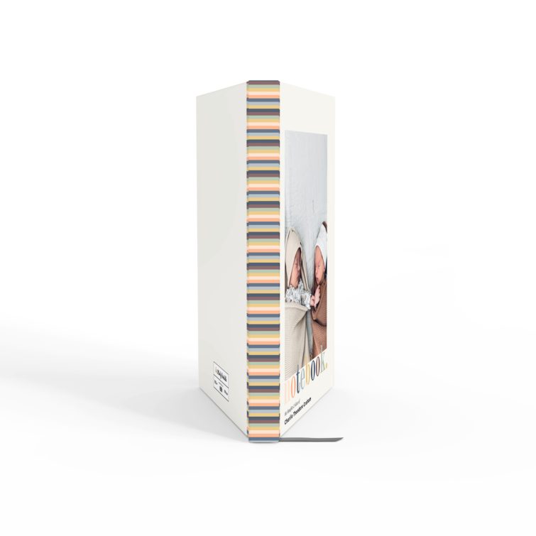 Customisable portrait orientation notebook cover design with two photos and colourful striped spine from Utterly Printable.