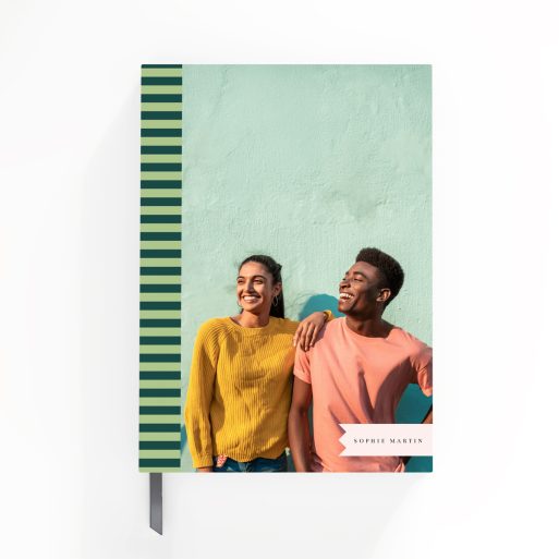 Colourful portrait orientation notebook design with striped patterns and one photo on the cover.