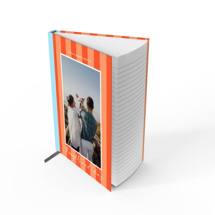 Colourful striped notebook cover design with one photo, ideal for personalised stationery.