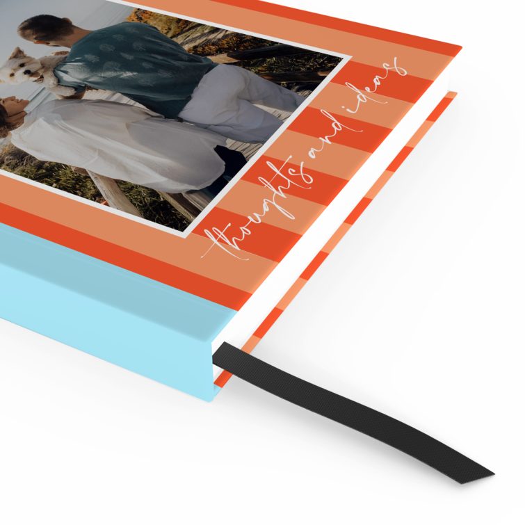 Colourful striped notebook cover design with one photo, ideal for personalised stationery.