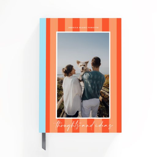 Colourful striped notebook cover design with one photo, ideal for personalised stationery.