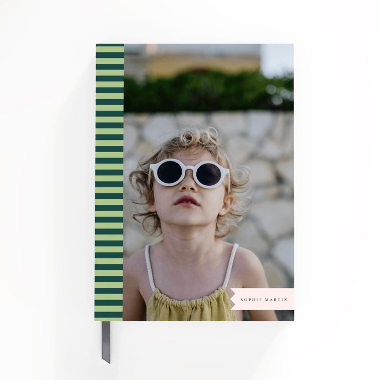 Portrait-oriented notebook design with green stripe pattern and one photo on the cover from Utterly Printable.