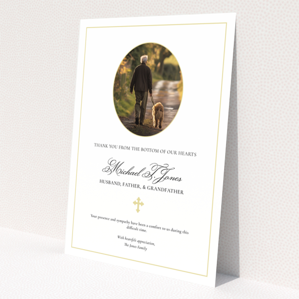 Elegant funeral thank you card design with gold border and one photo.