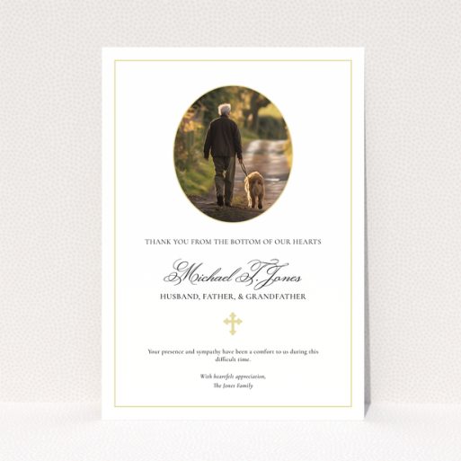 Elegant funeral thank you card design with gold border and one photo.