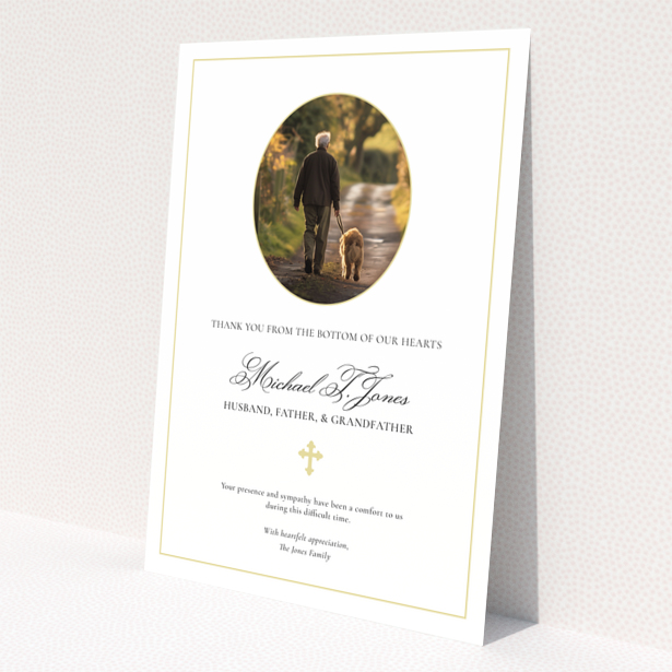 Elegant funeral thank you card design with gold border and one photo.