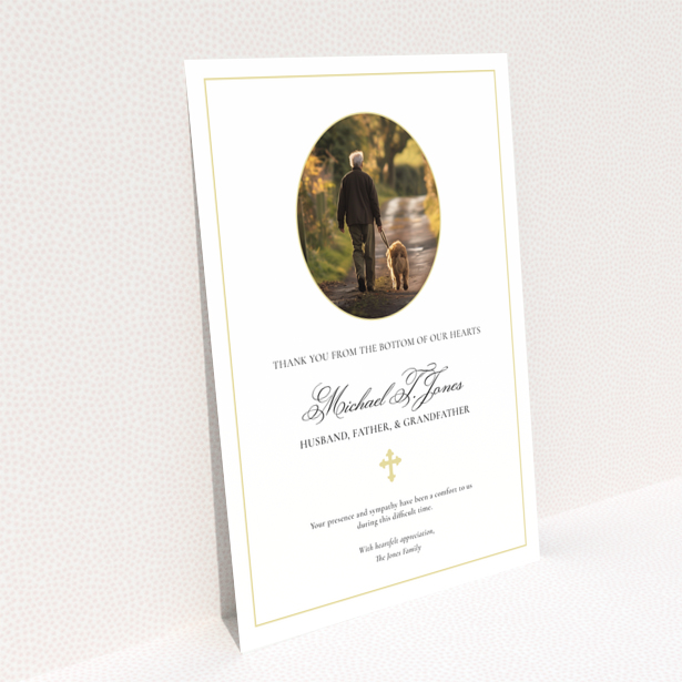 Elegant funeral thank you card design with gold border and one photo.