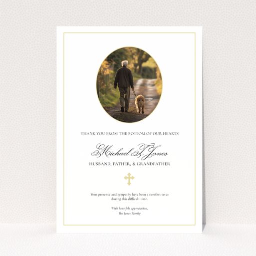 Elegant funeral thank you card design with gold border and one photo.