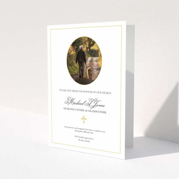 Elegant funeral thank you card design with gold border and one photo.