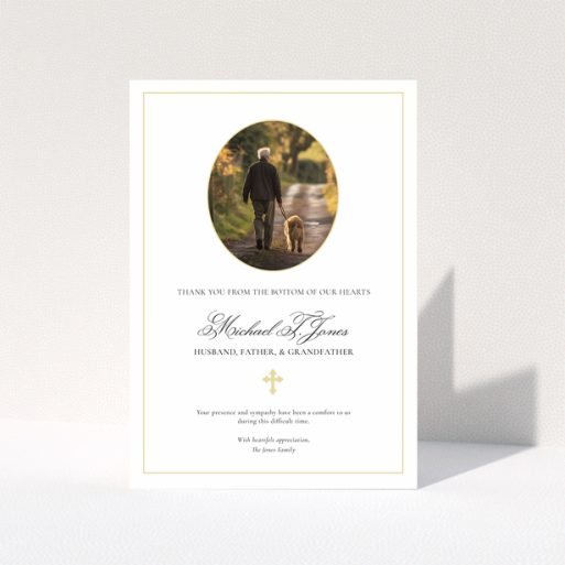 Elegant funeral thank you card design with gold border and one photo.